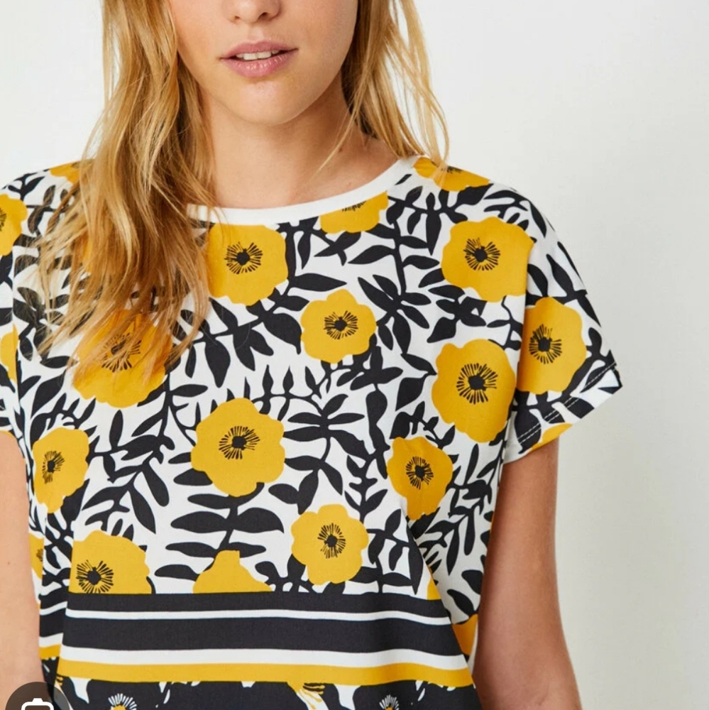 Vintage KOTN Floral Print Women's Top - Yellow and Black - Small